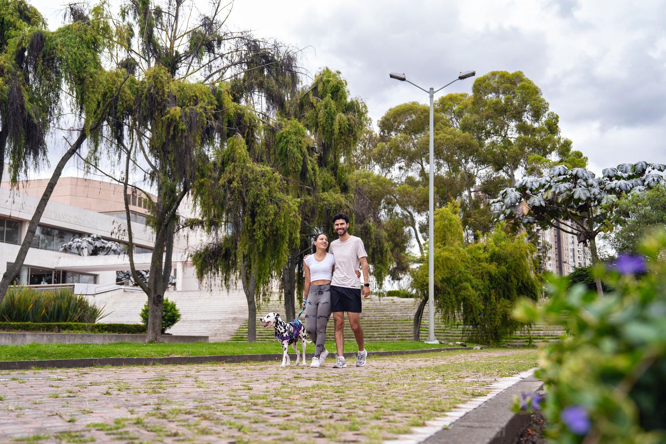 Couple walking their dog in an urban park